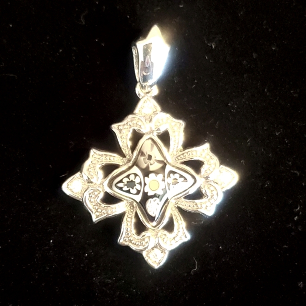 Alan K Cross pendant Italian Millefiore glass with rhinestones set in Sterling